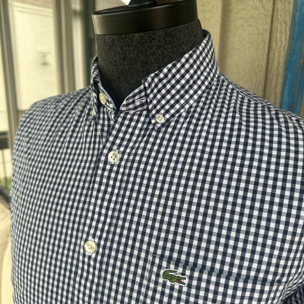 LACOSTE 🐊 Men’s Navy & White Gingham All Cotton Button Down Shirt - Size MED - Picture 3 of 15